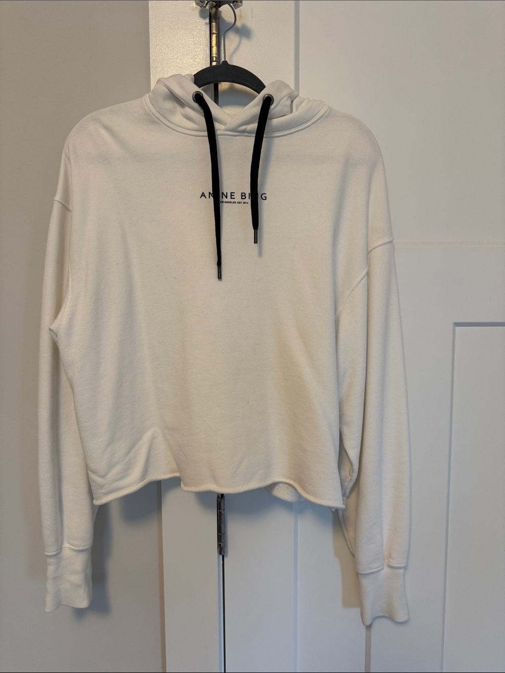 Anine Bing Cream Cropped Hoodie with Black Drawstrings